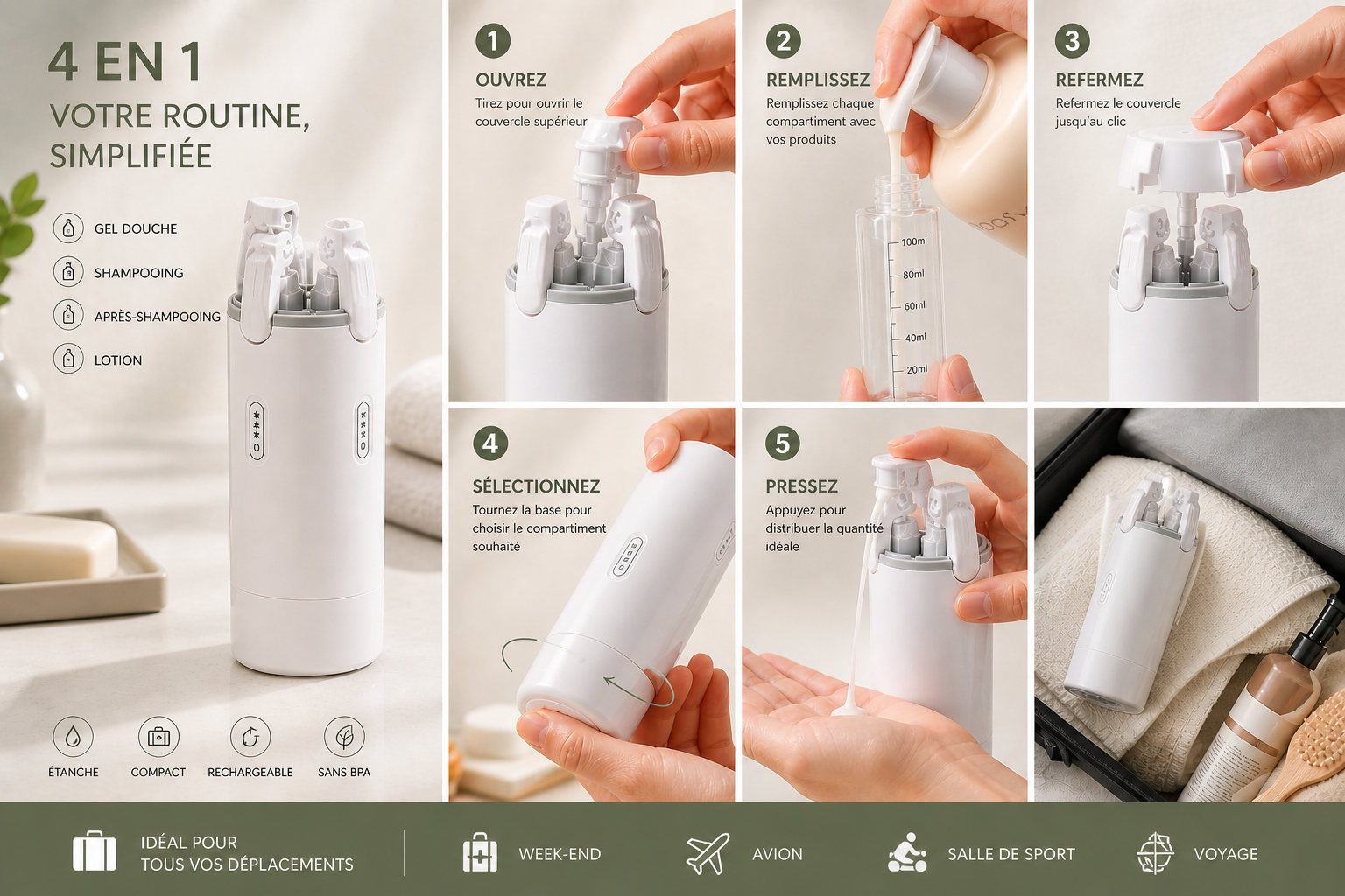 Station Distributeur 4 Compartiments pour Produits de Bain